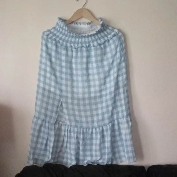 Topshop Blue Gingham Smocked Tiered Midi Skirt 6 - Picture 4 of 11
